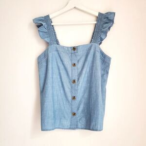 J.Crew Factory Ruffle Sleeve Denim Square Neck Button Top Size S